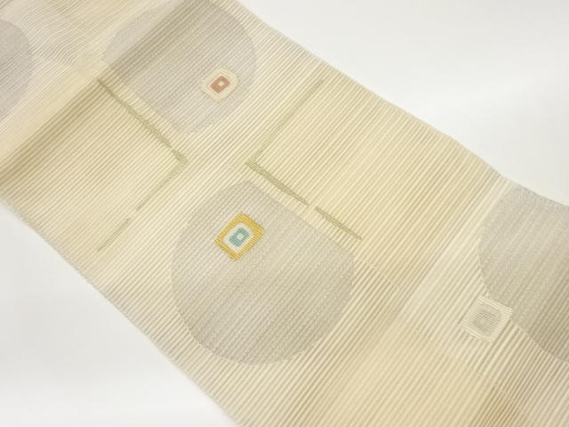 絽綴れ色紙に丸・抽象四角模様織出し名古屋帯